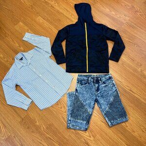 boys outfit 3pcs 10-12 tommy hilfiger blue buttun down steve,s jeans & hoodie